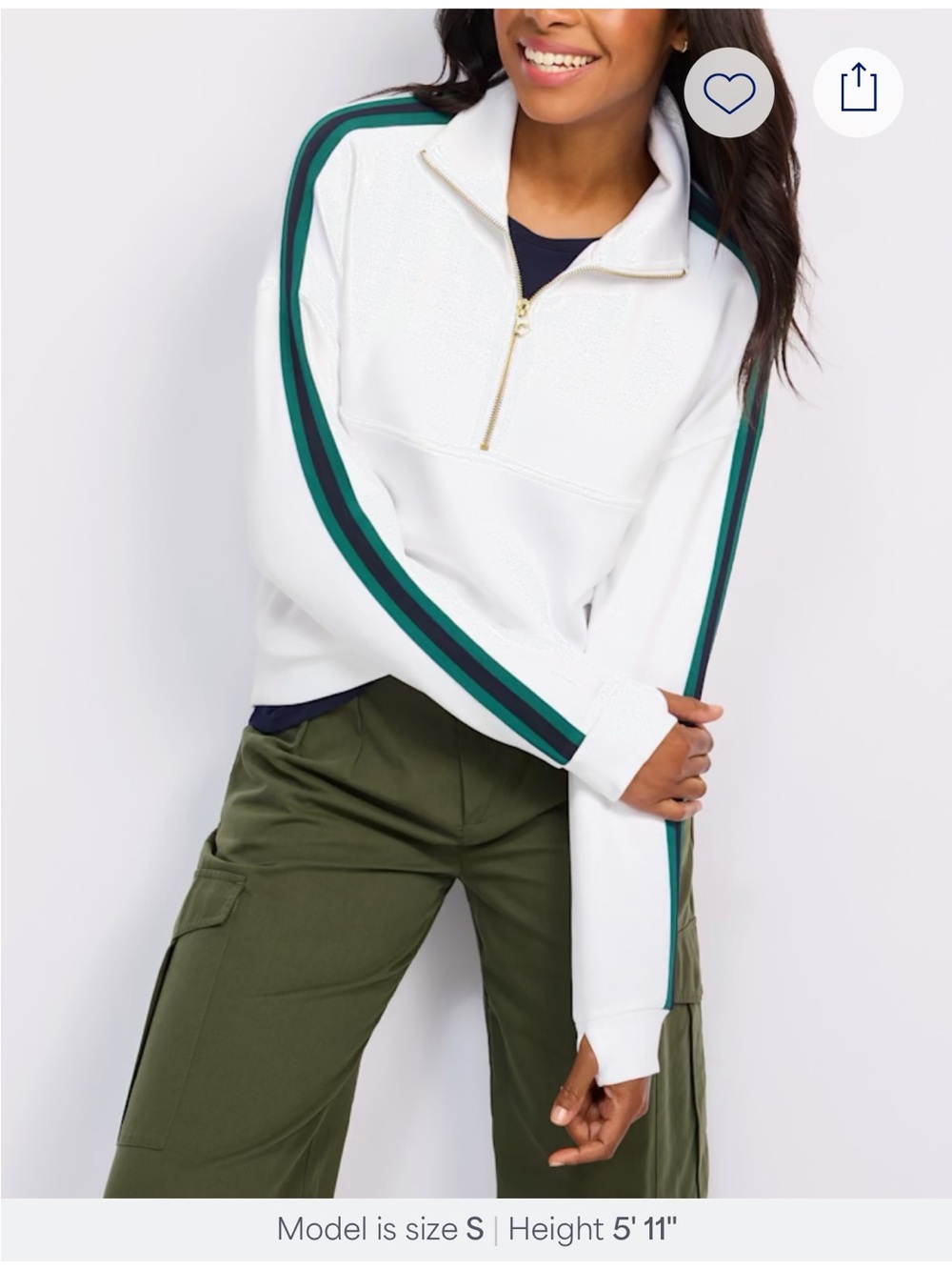 Varley Raymar White Half-Zip Sweat with Stripes